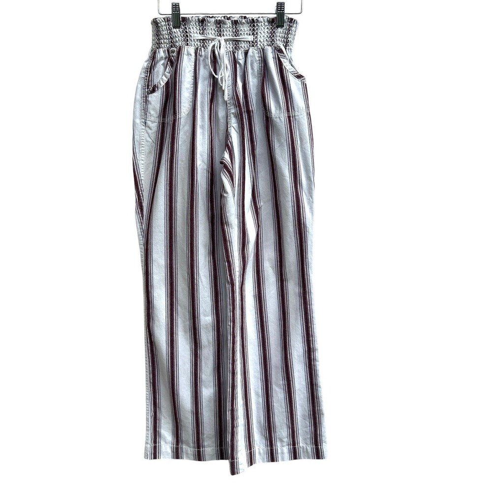 Striped Wide Leg Pants Medium White Maroon Burgundy Smocked Boho Beachy Fall